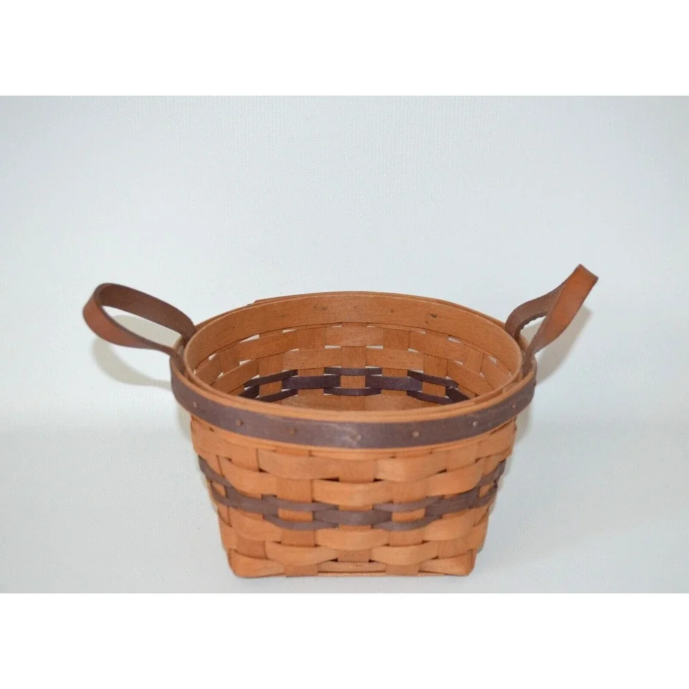 Longaberger 1992‎ Round Basket 2 Leather Handles Purple Accent Weaves